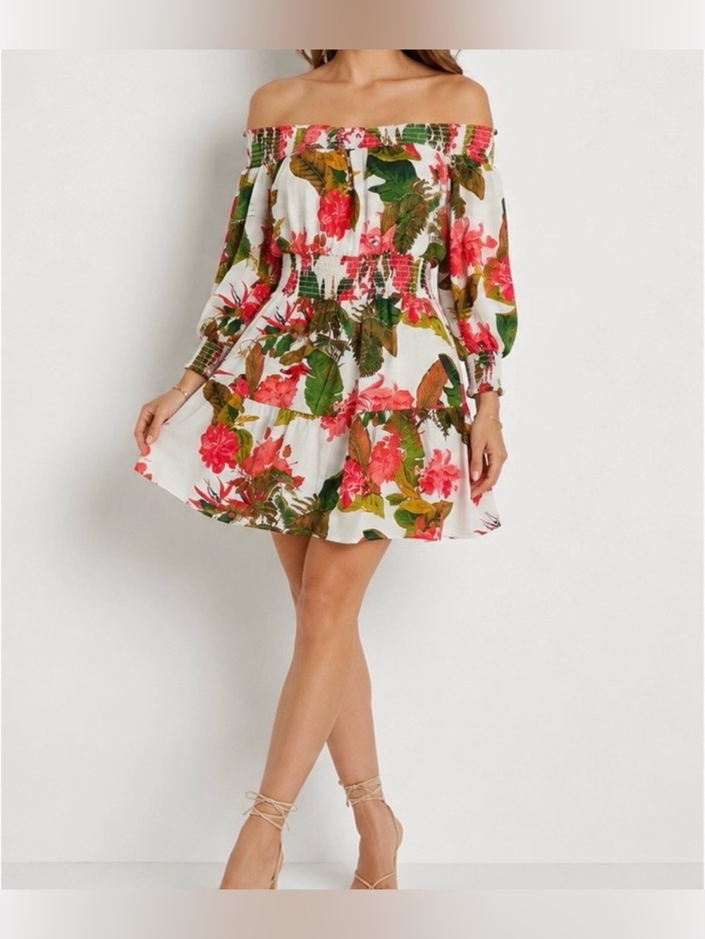 Gianni Bini White Off-Shoulder Mini Dress with Pink Floral & Green Leaf Print